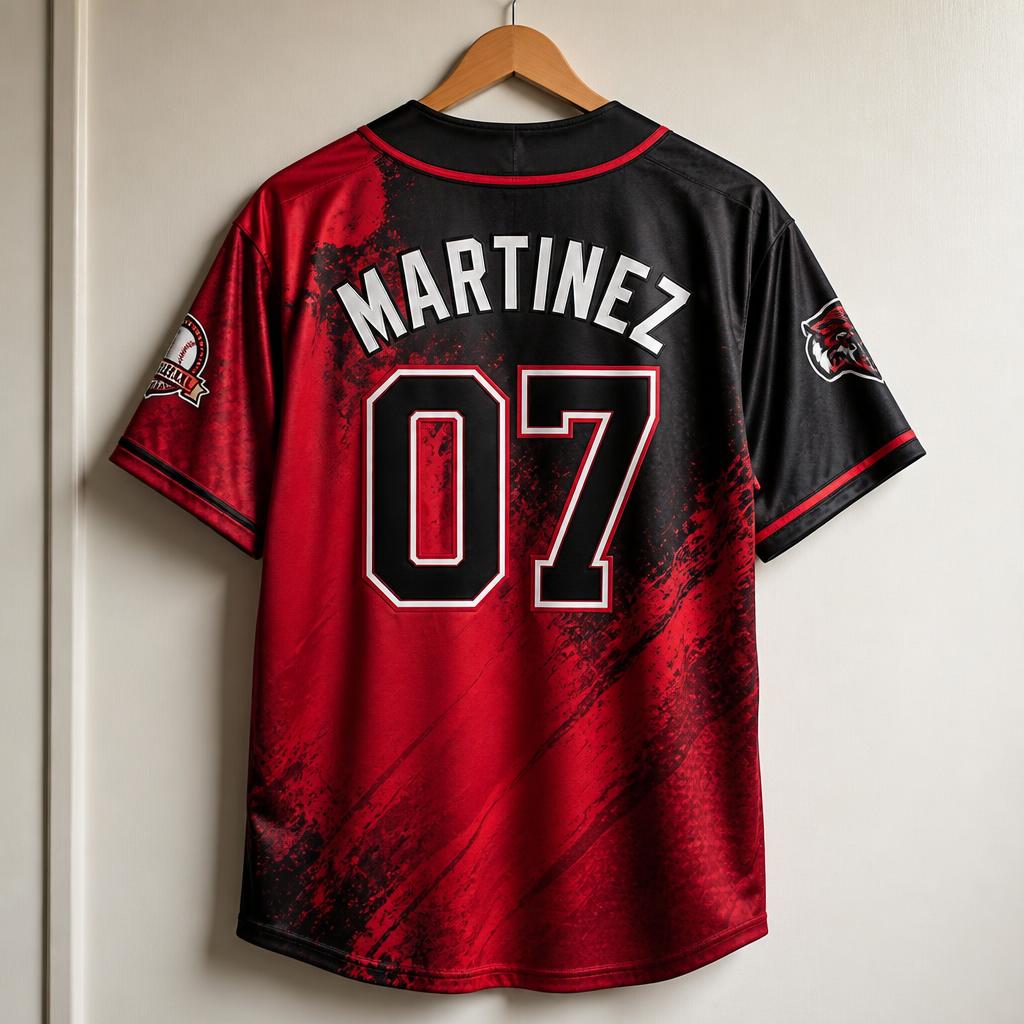 Back view of a sublimated red and black custom baseball jersey with player name and number