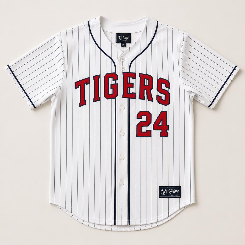 Custom pinstripe baseball jersey with team name and number printed across the chest