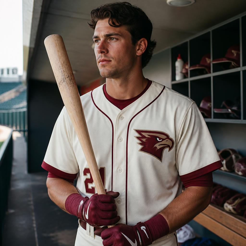 Adult baseball player wearing a custom cream and burgundy full-button jersey with team crest in a dugout