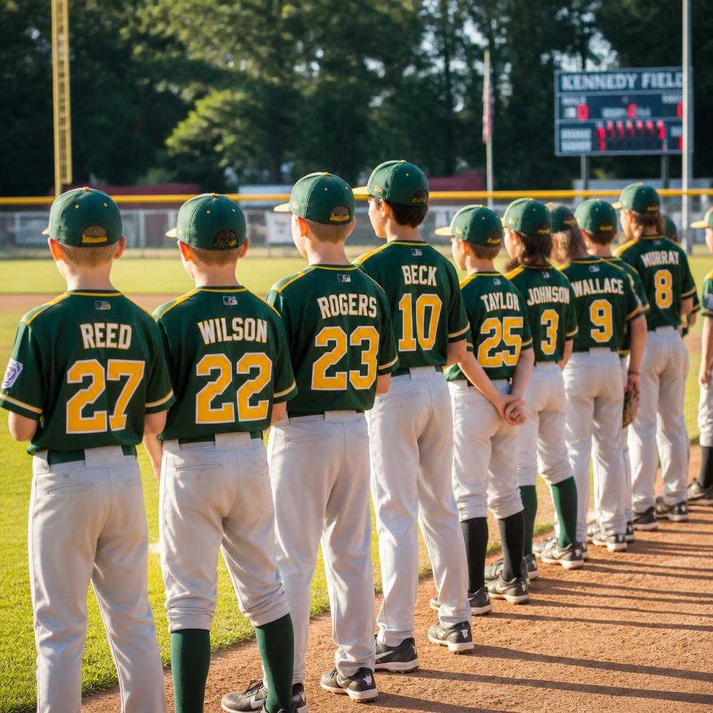 Youth Little League team lineup wearing matching custom green and gold baseball jerseys