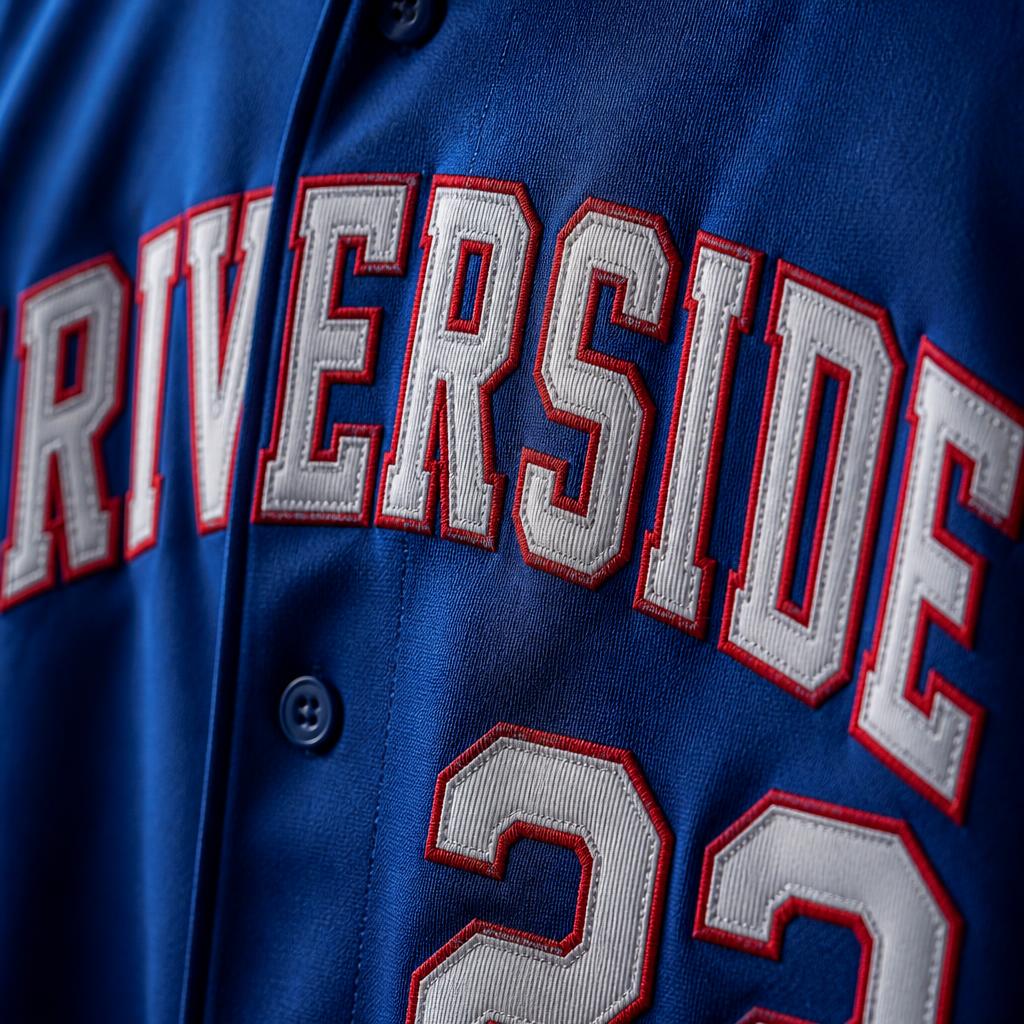 Close-up of stitched twill lettering and numbers on a royal blue baseball jersey