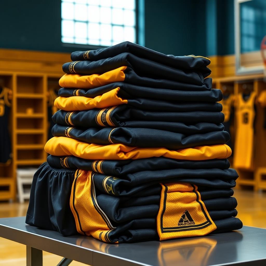 Folded stack of black and gold custom basketball jerseys and matching shorts ready for a full roster