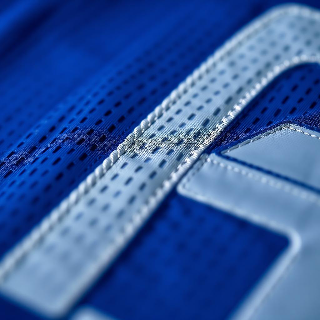 Close-up of stitched tackle twill numbering and perforated polyester mesh on a custom basketball jersey