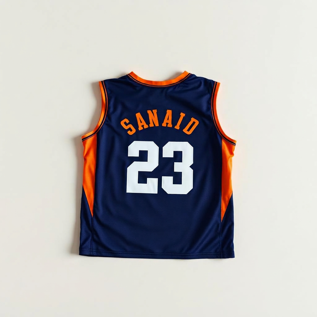 Custom basketball jersey in navy and orange polyester mesh with an arched team name and the number 23