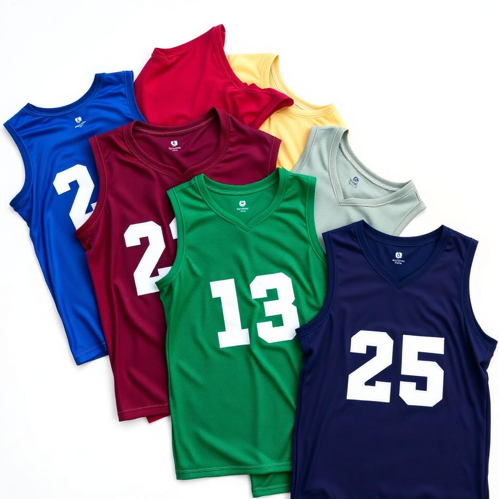 Six custom basketball jerseys in different team colorways laid out flat with roster numbers showing