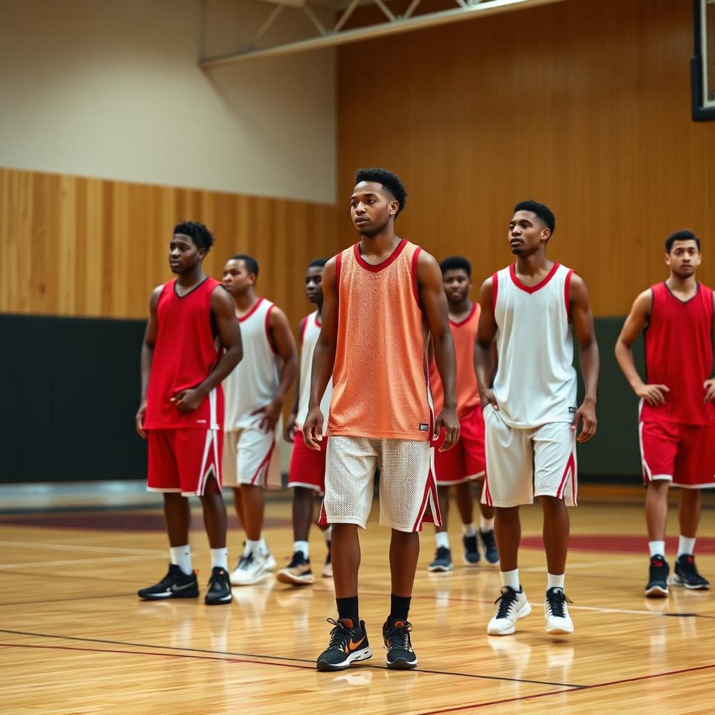 Rec league team wearing matching red and white custom basketball jerseys on an indoor hardwood court