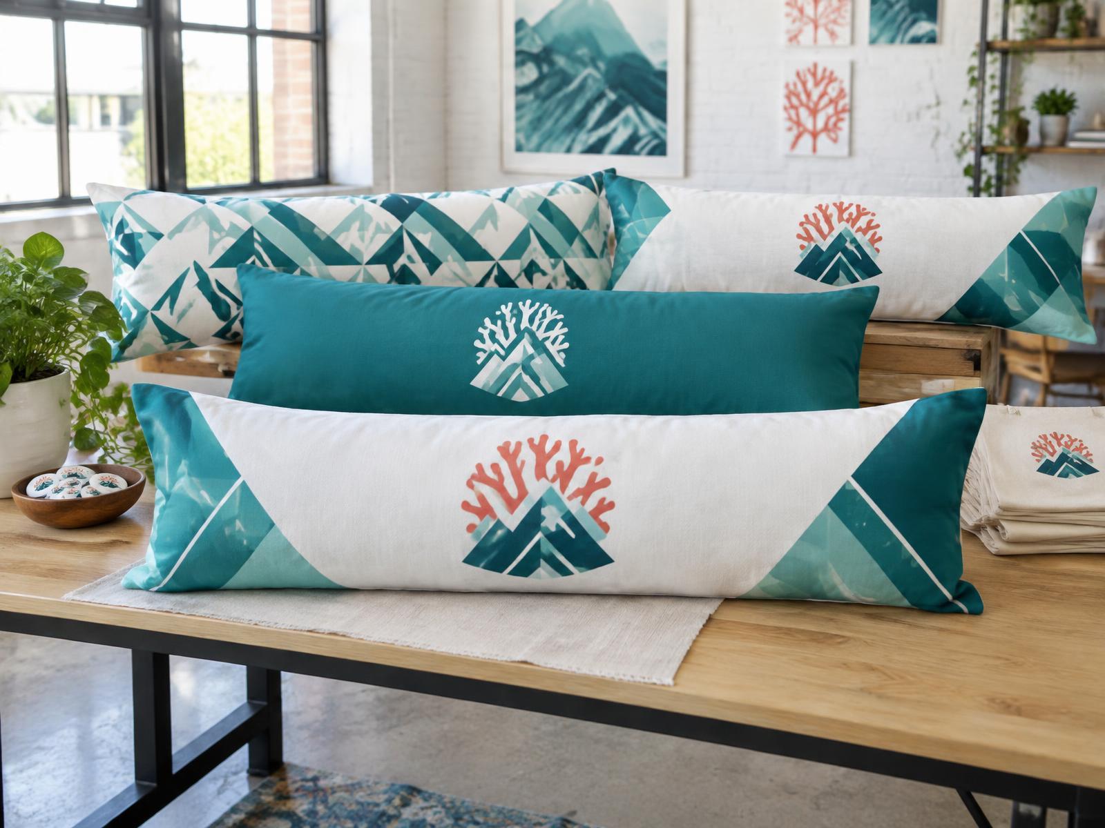 Long branded body pillows printed with coordinating mountain logos on a gift table