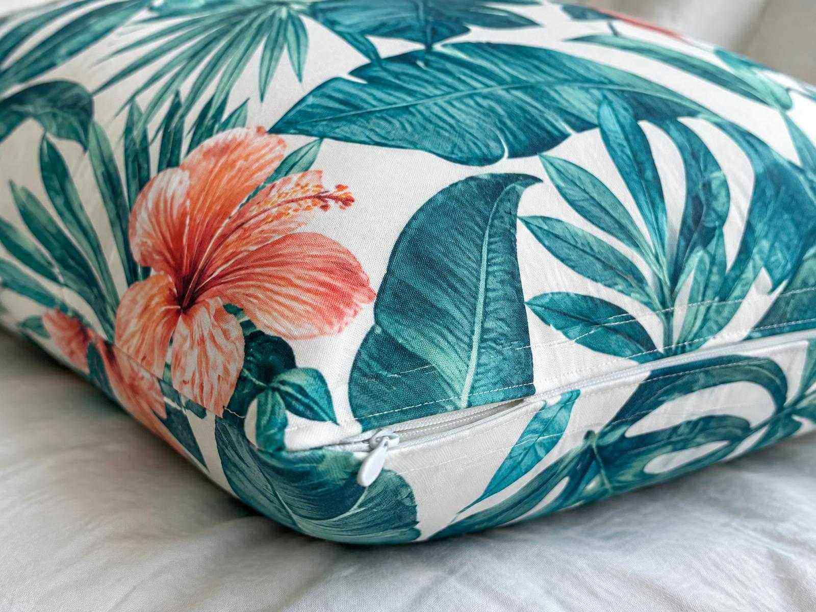 Printed botanical body pillow cover showing its fabric texture, stitched seam, and zipper