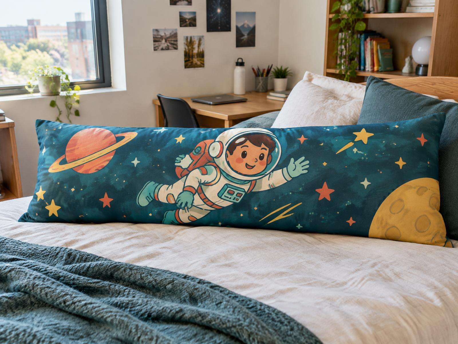 Original space character artwork on a custom body pillow in a dorm room