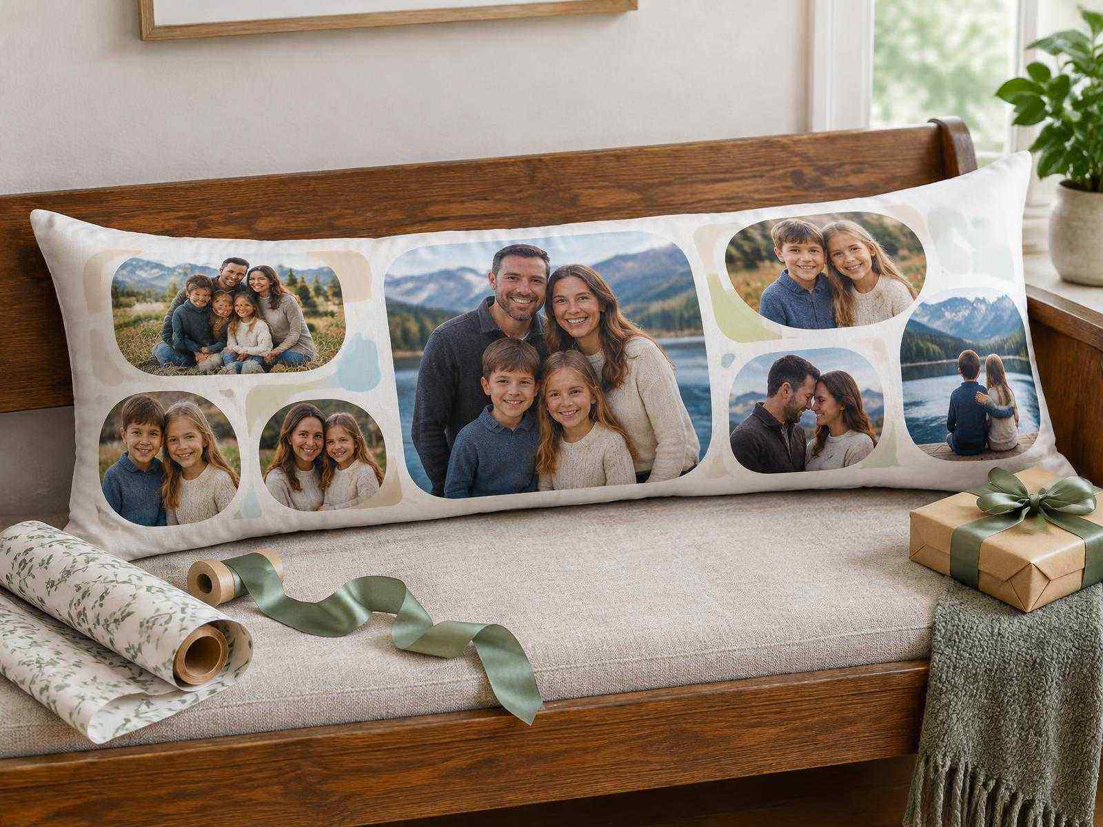 Custom body pillow printed with a family photo collage beside a wrapped gift