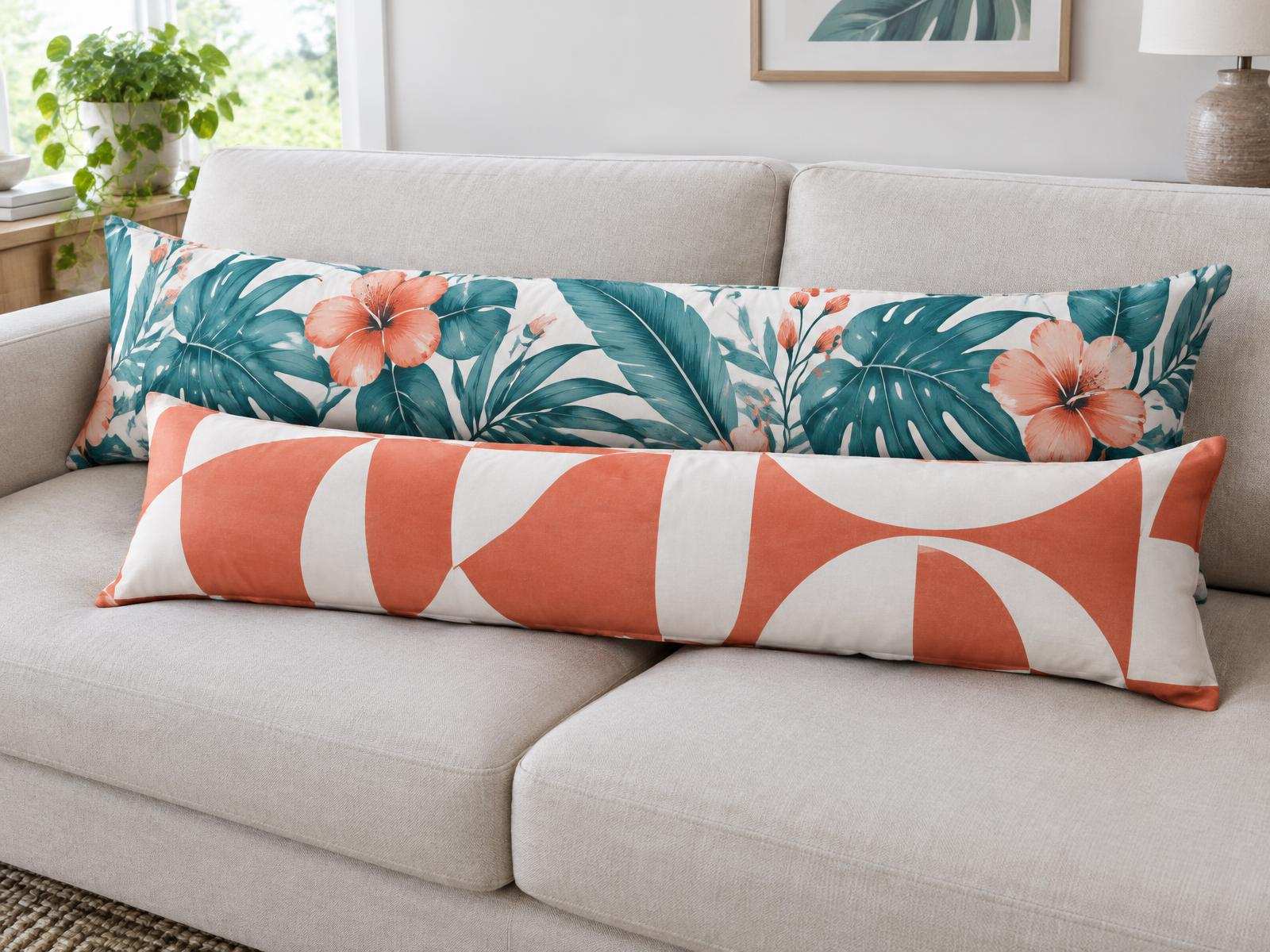 Long custom body pillows with botanical and coral geometric artwork on a sofa