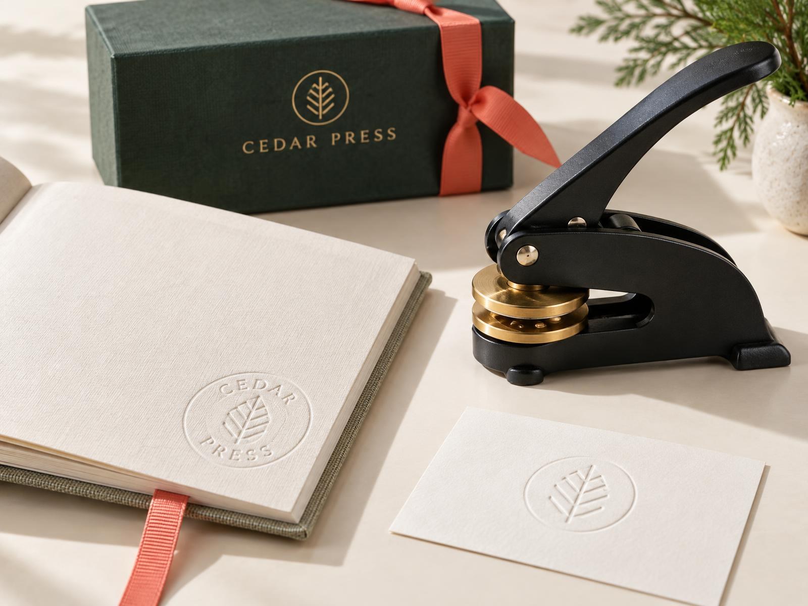 Bookstore-branded custom embosser with a raised leaf emblem on a notebook beside a presentation box