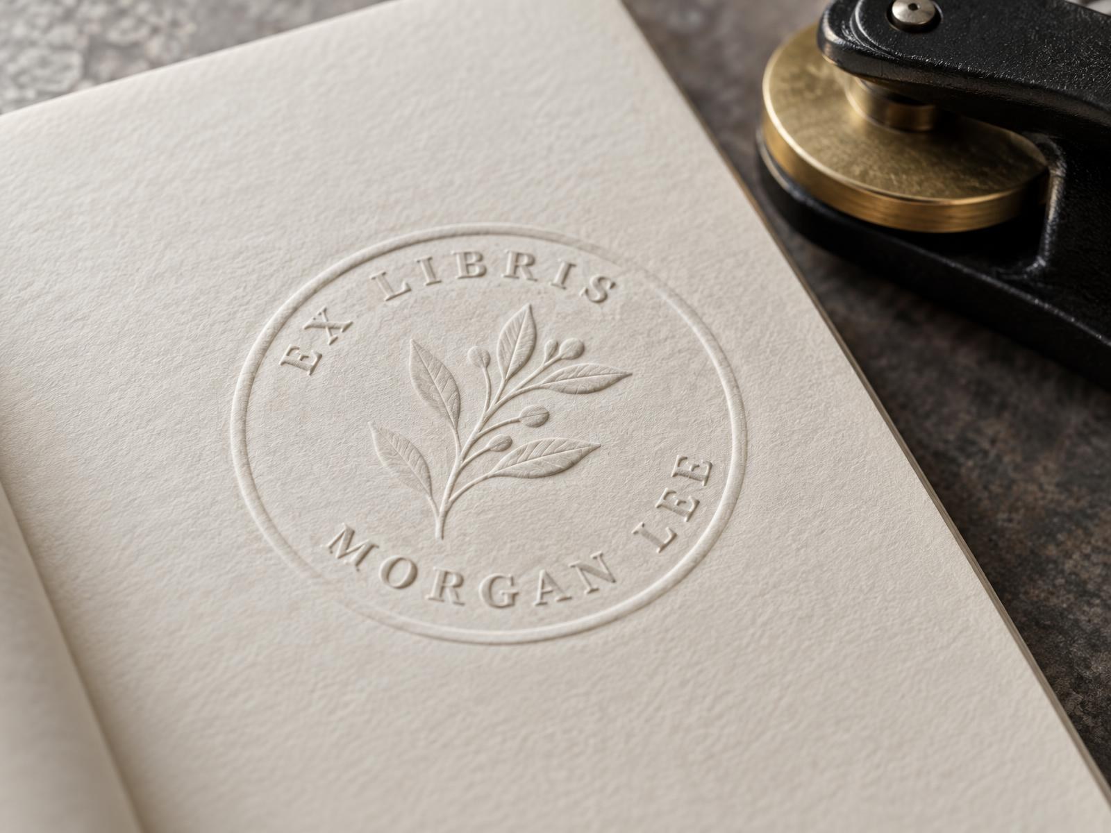 Close-up of a raised ink-free Ex Libris name seal showing botanical detail and embossed paper texture