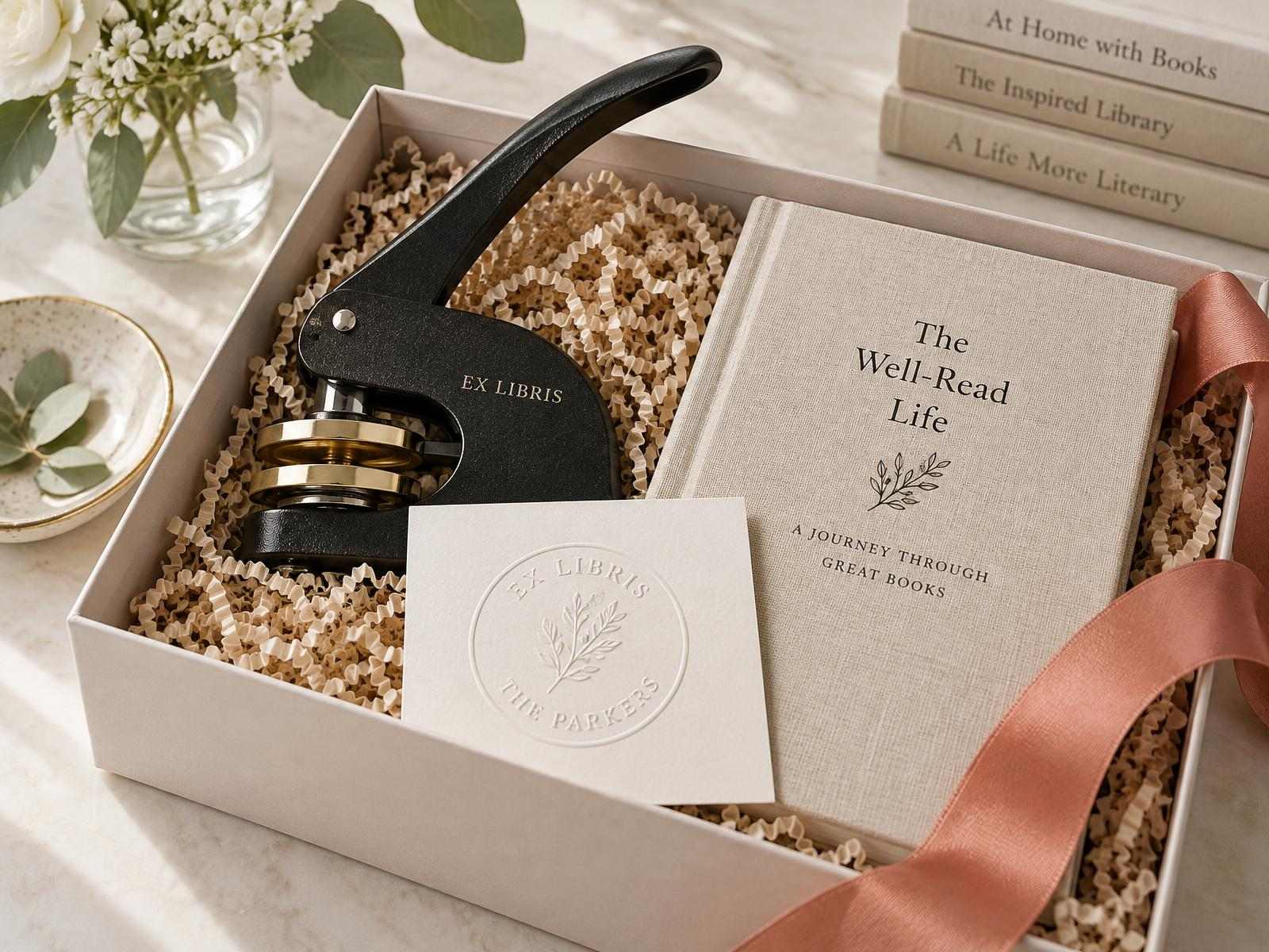 Personalized Ex Libris embosser packaged with a linen-bound book and coral ribbon as a wedding gift