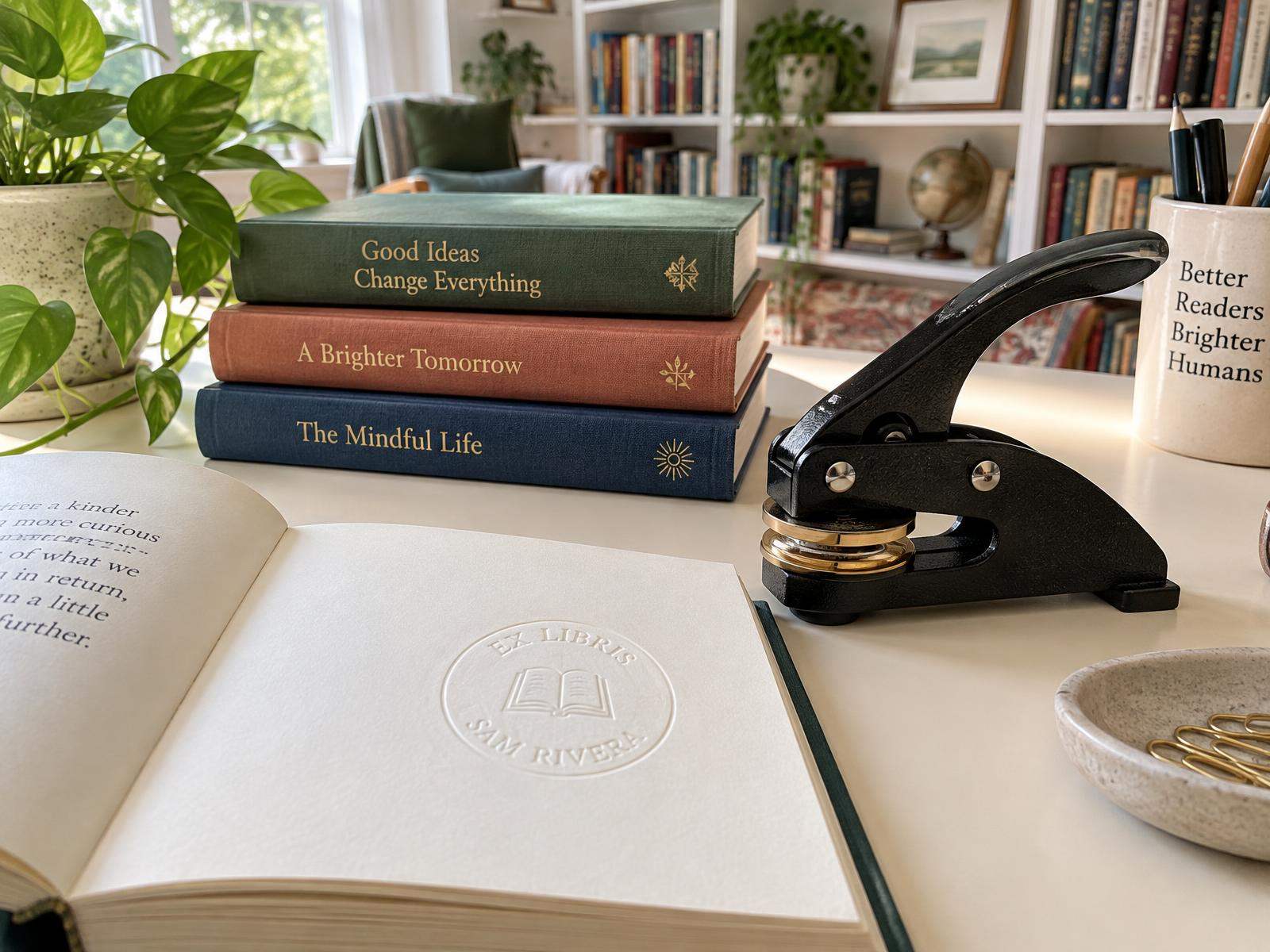 Teacher’s custom book embosser and raised ownership seal on a reading desk beside stacked books