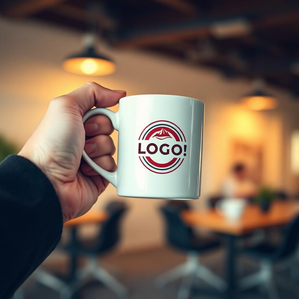 Branded ceramic coffee mug held in hand with a full-color corporate logo