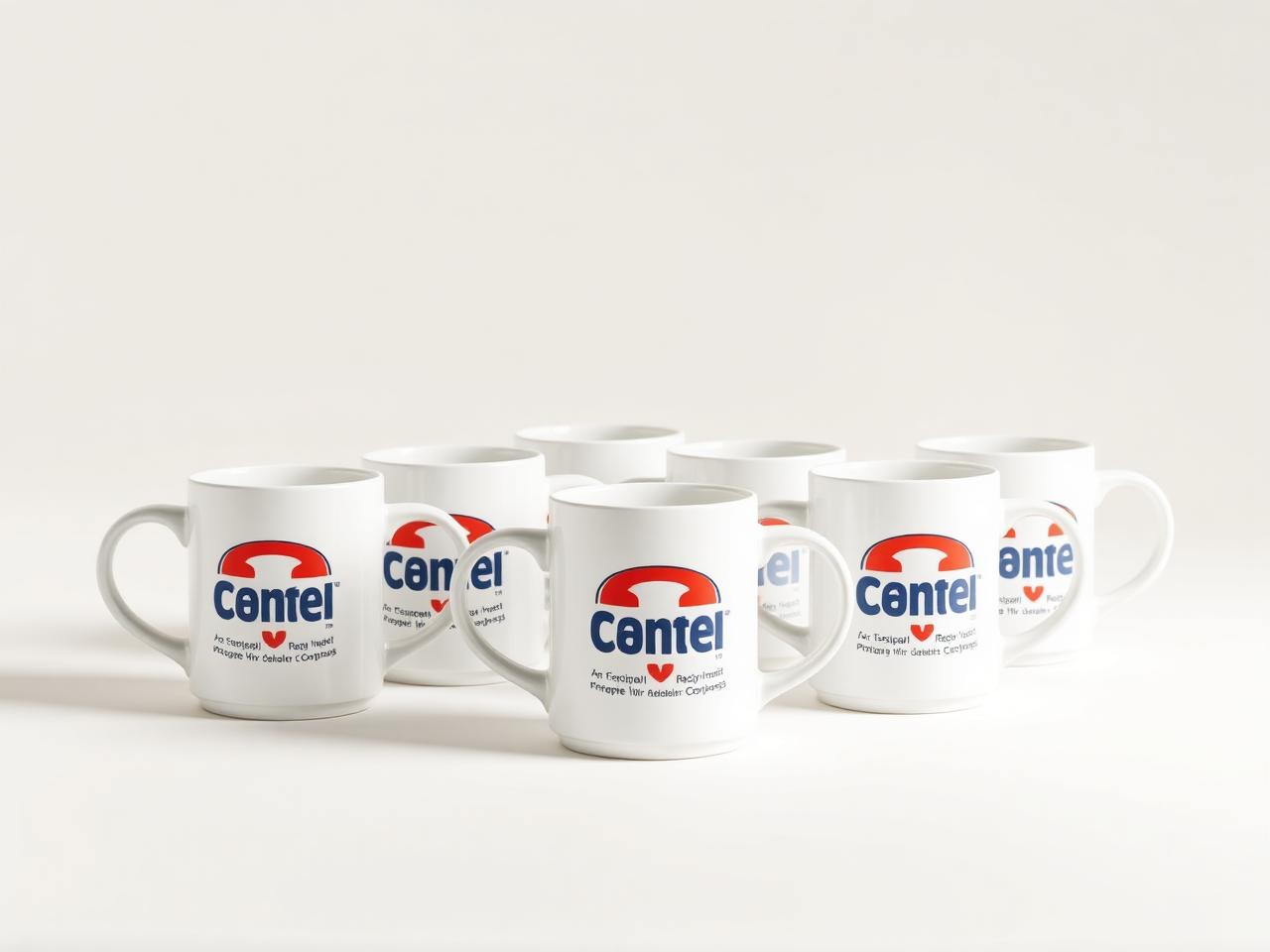 Row of custom ceramic coffee mugs printed with a full-color brand logo