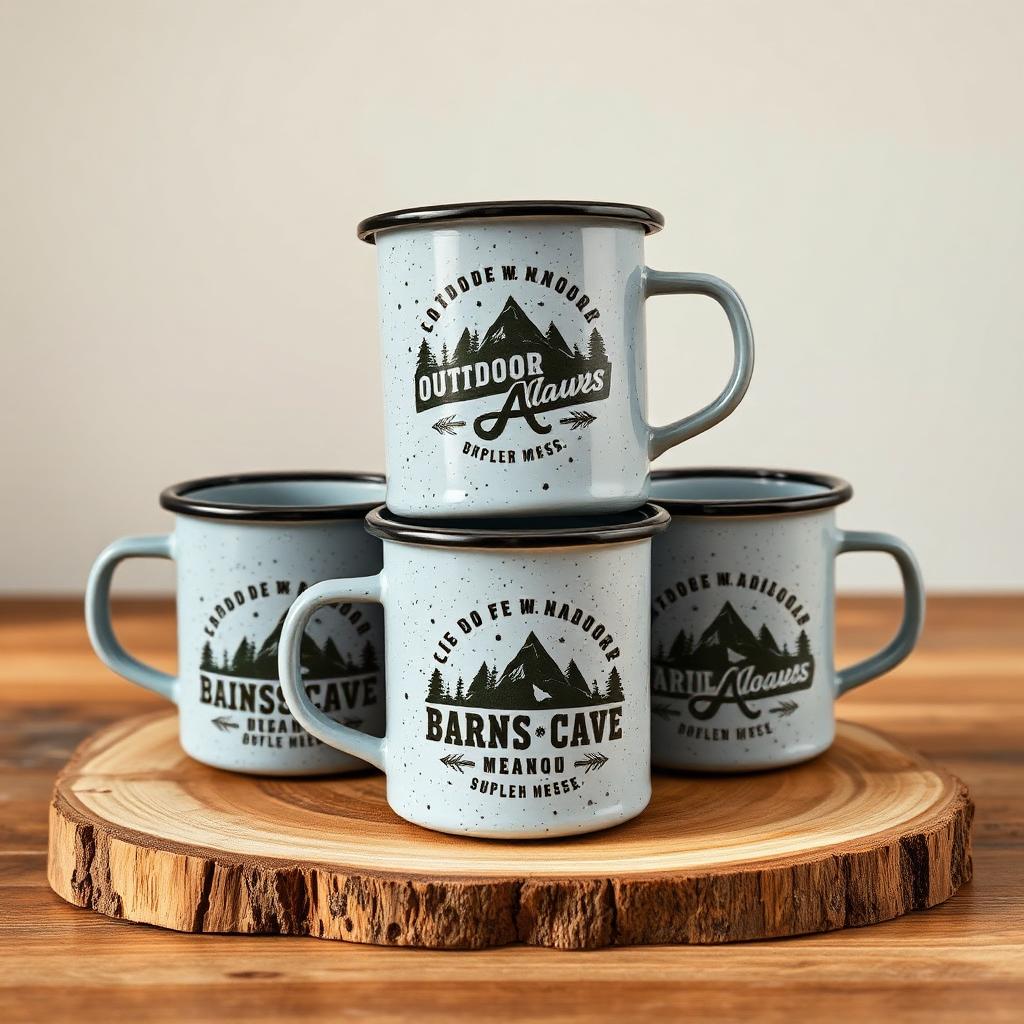 Custom enamel camp mugs printed with outdoor brand artwork