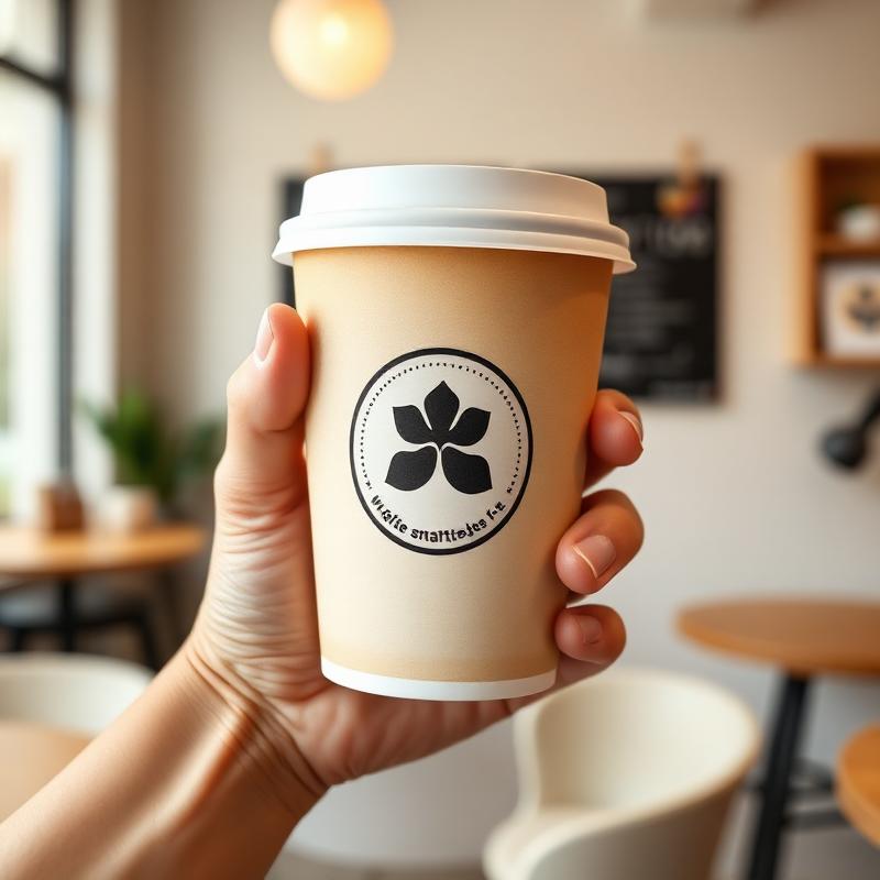 Branded paper coffee cup held in hand with a full-color corporate logo