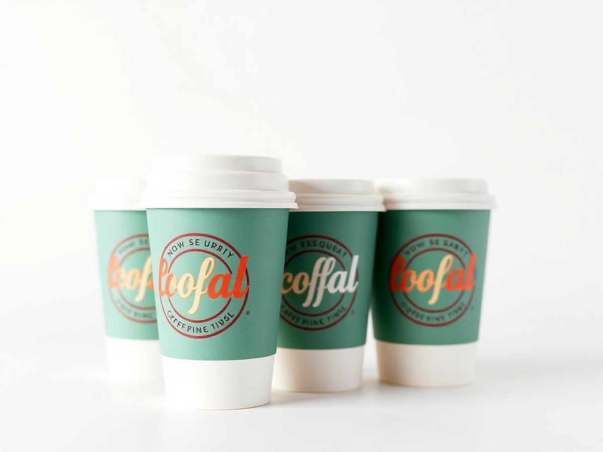 Stack of custom printed paper coffee cups with a branded logo wrap