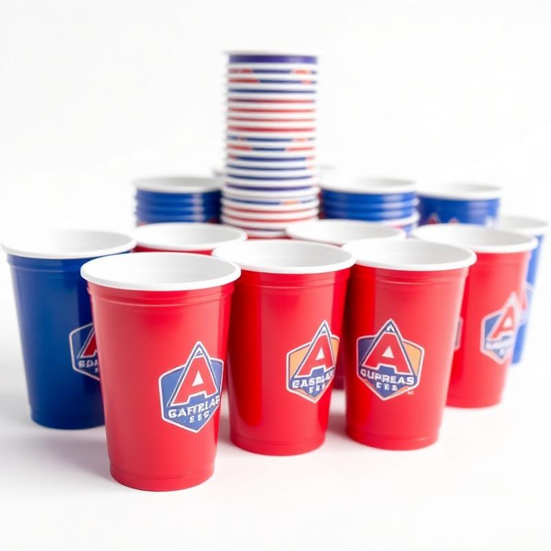 Custom red and blue plastic stadium party cups with team logos