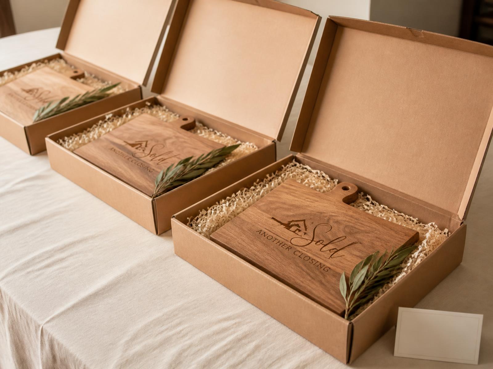 Engraved custom cutting boards in gift boxes lined up on a table as real estate closing gifts