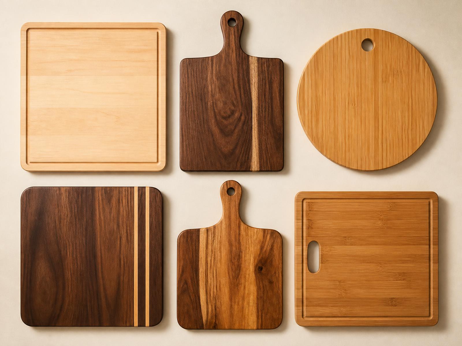 Six custom cutting boards in maple, walnut, bamboo and acacia in rectangular, paddle and round shapes