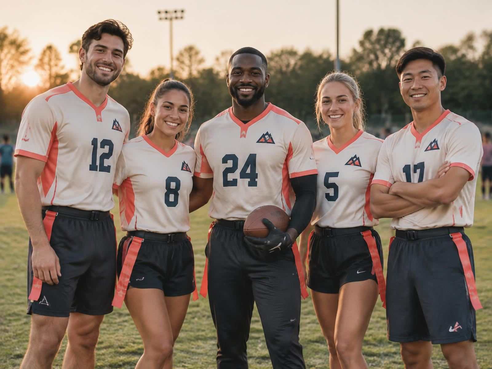 Company flag football team wearing coordinated custom cream, coral and ink jerseys