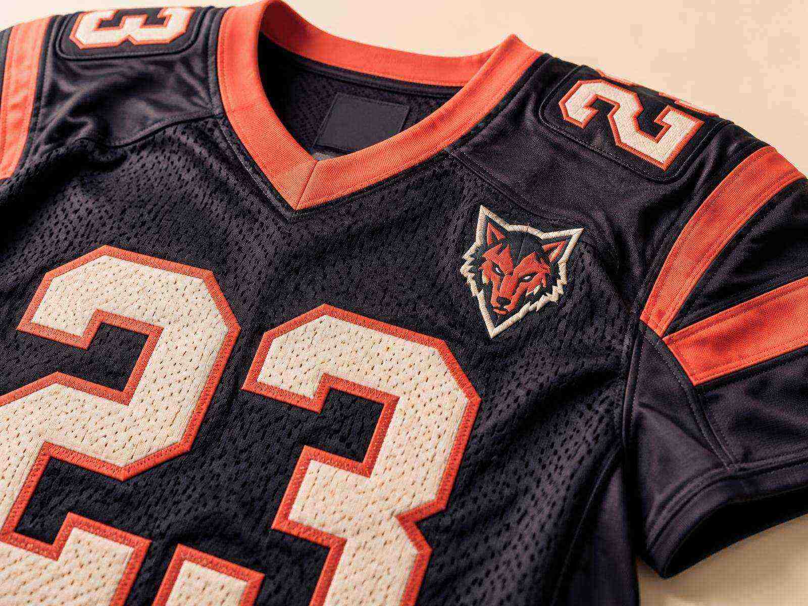 Close view of custom football jersey mesh, reinforced shoulder panels, stitched number and embroidered crest