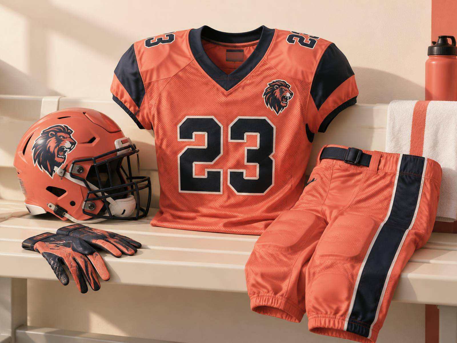 Coral and ink custom football jersey with stitched number and team crest on a cream locker-room bench