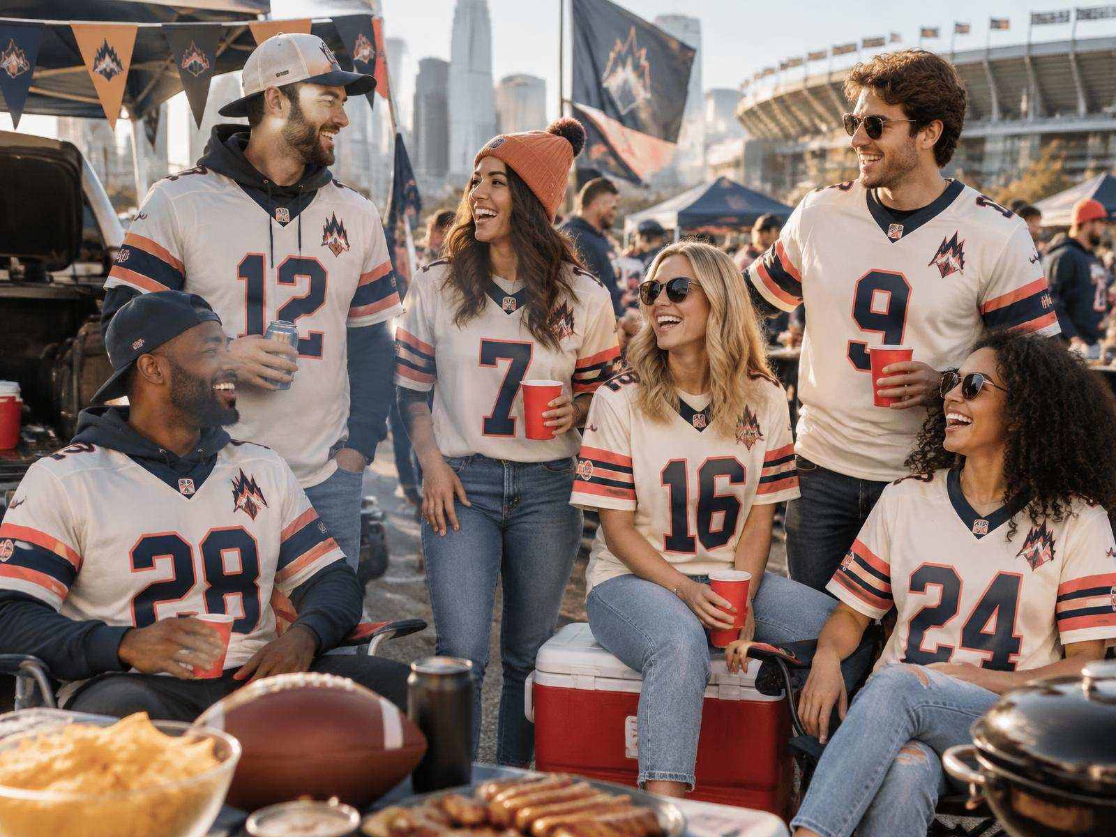 Fan group wearing matching custom football jerseys at a game-day tailgate