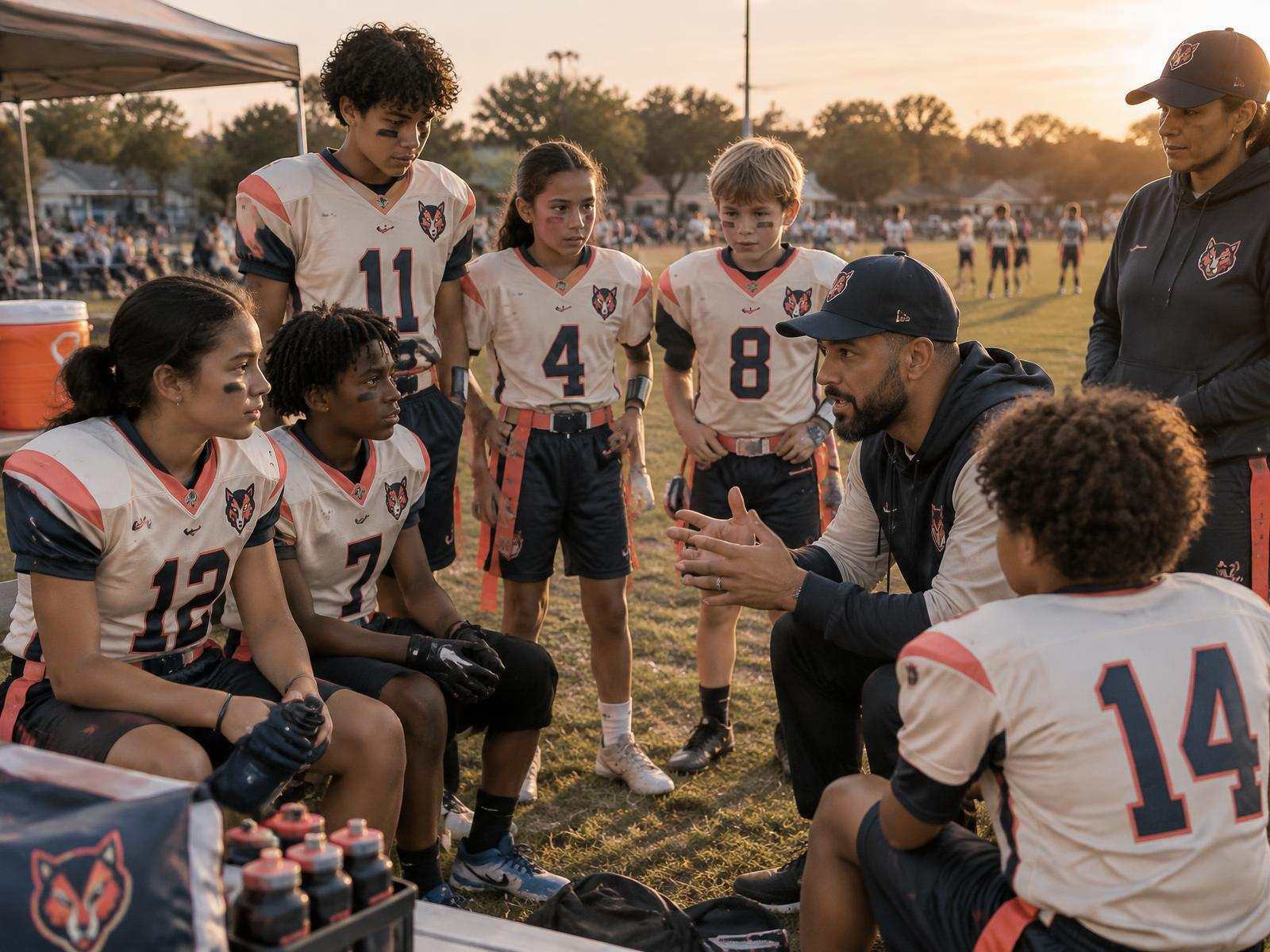 Youth and flag football players wearing coordinated custom jerseys during a sideline team talk