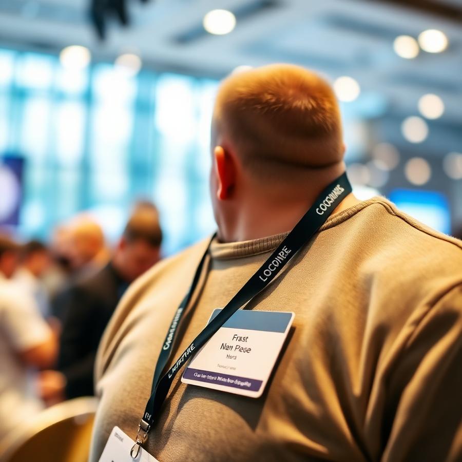Conference attendee wearing a printed custom lanyard with a name badge