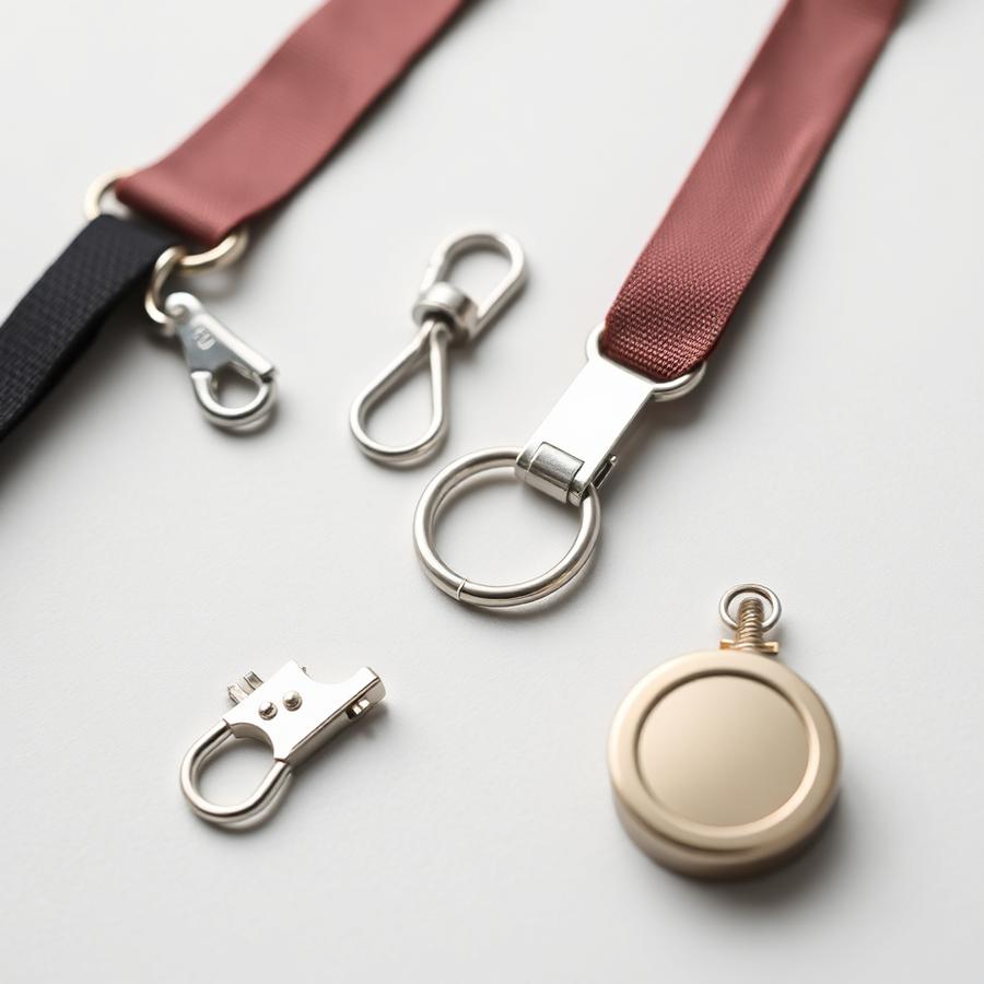 Lanyard attachment hardware including swivel hook, bulldog clip, split ring and badge reel