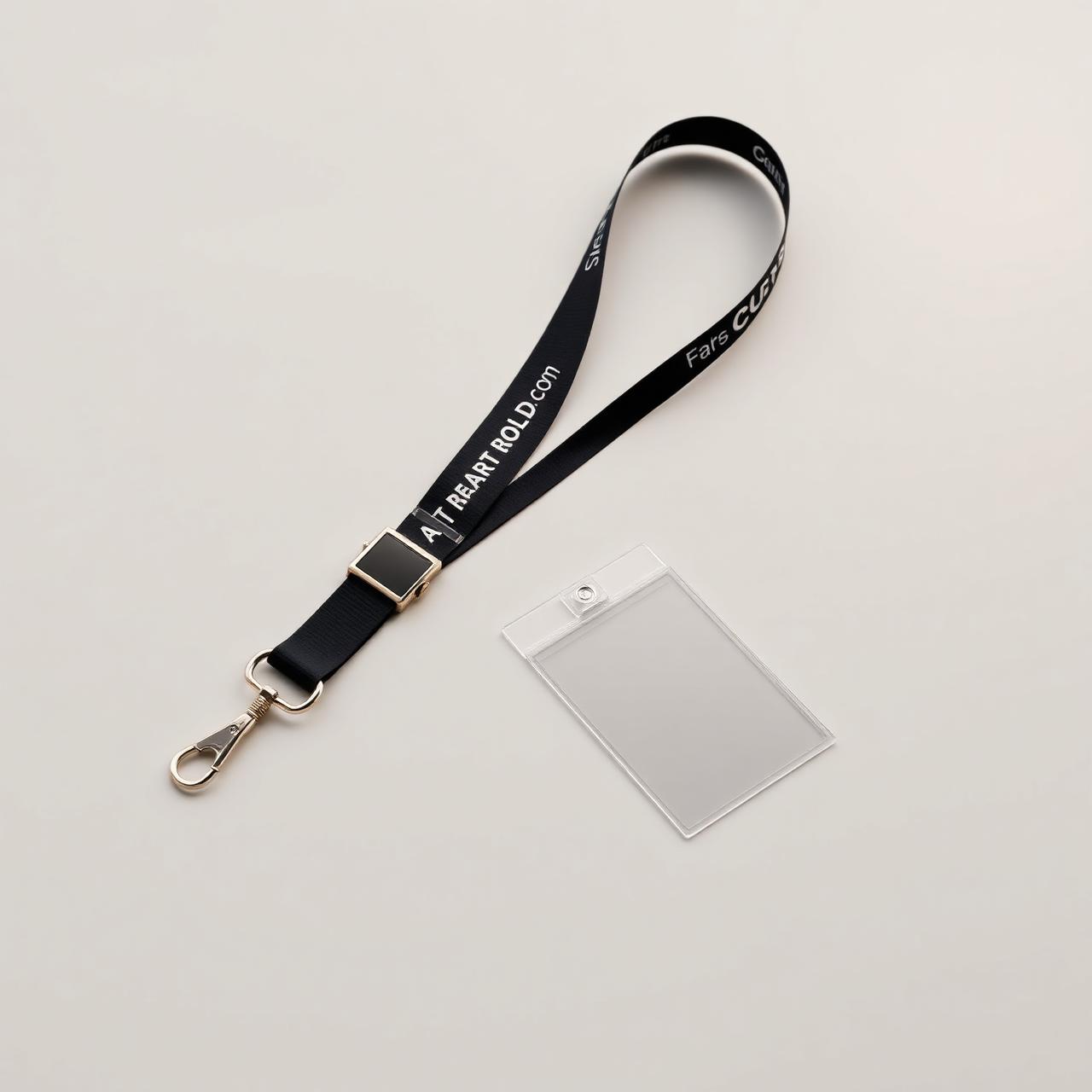 Custom printed polyester lanyard with a swivel J-hook next to a clear badge holder