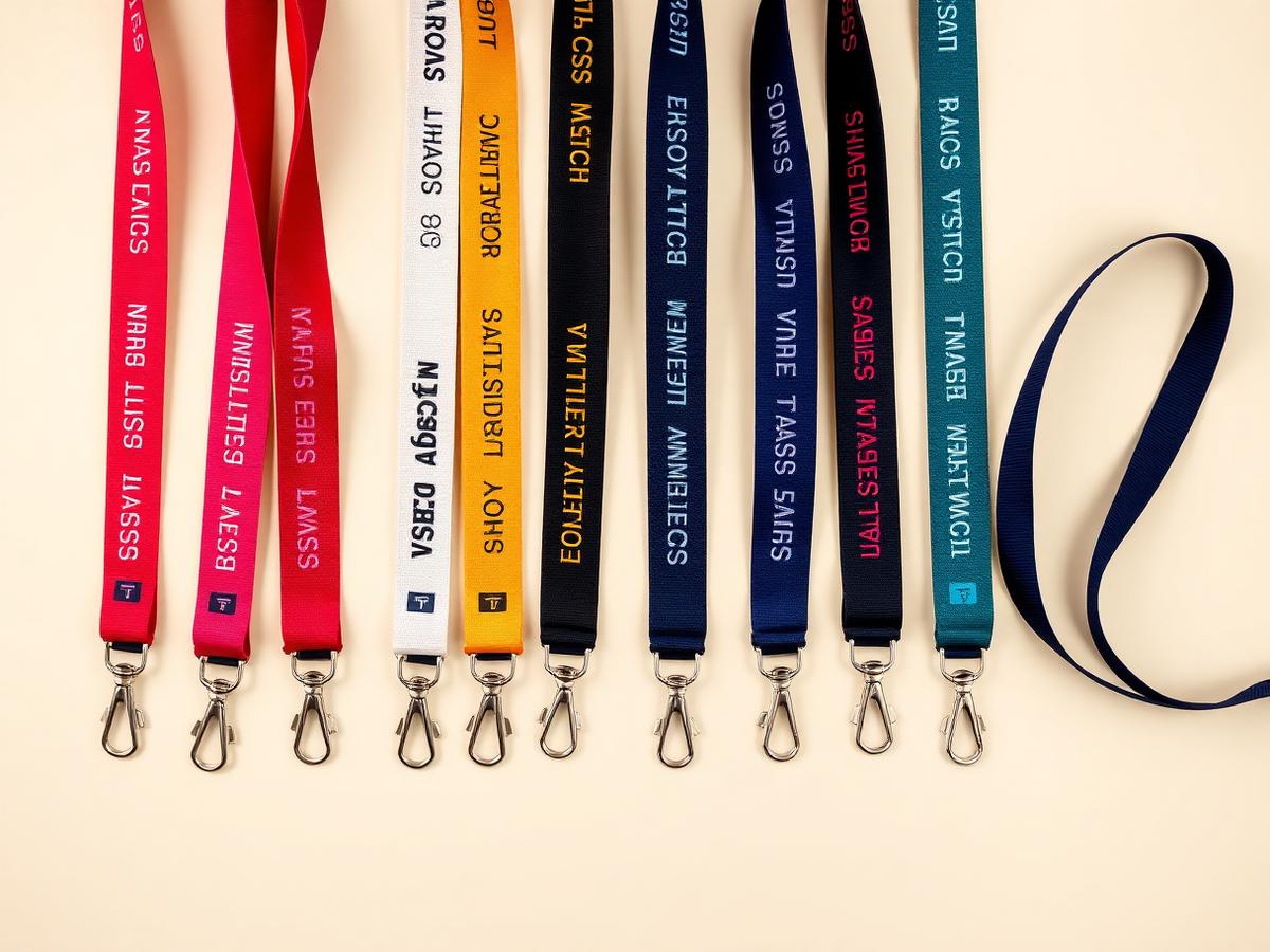 Row of custom printed lanyards in multiple colors and widths with swivel hooks