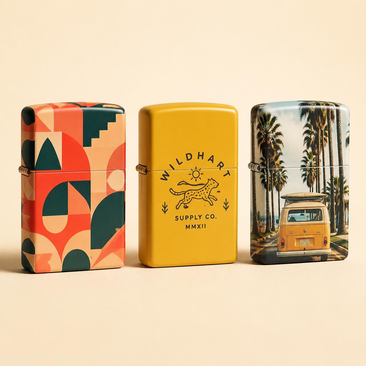 Custom printed lighters with edge-to-edge brand artwork - three personalized lighters in coral, mustard and photo prints