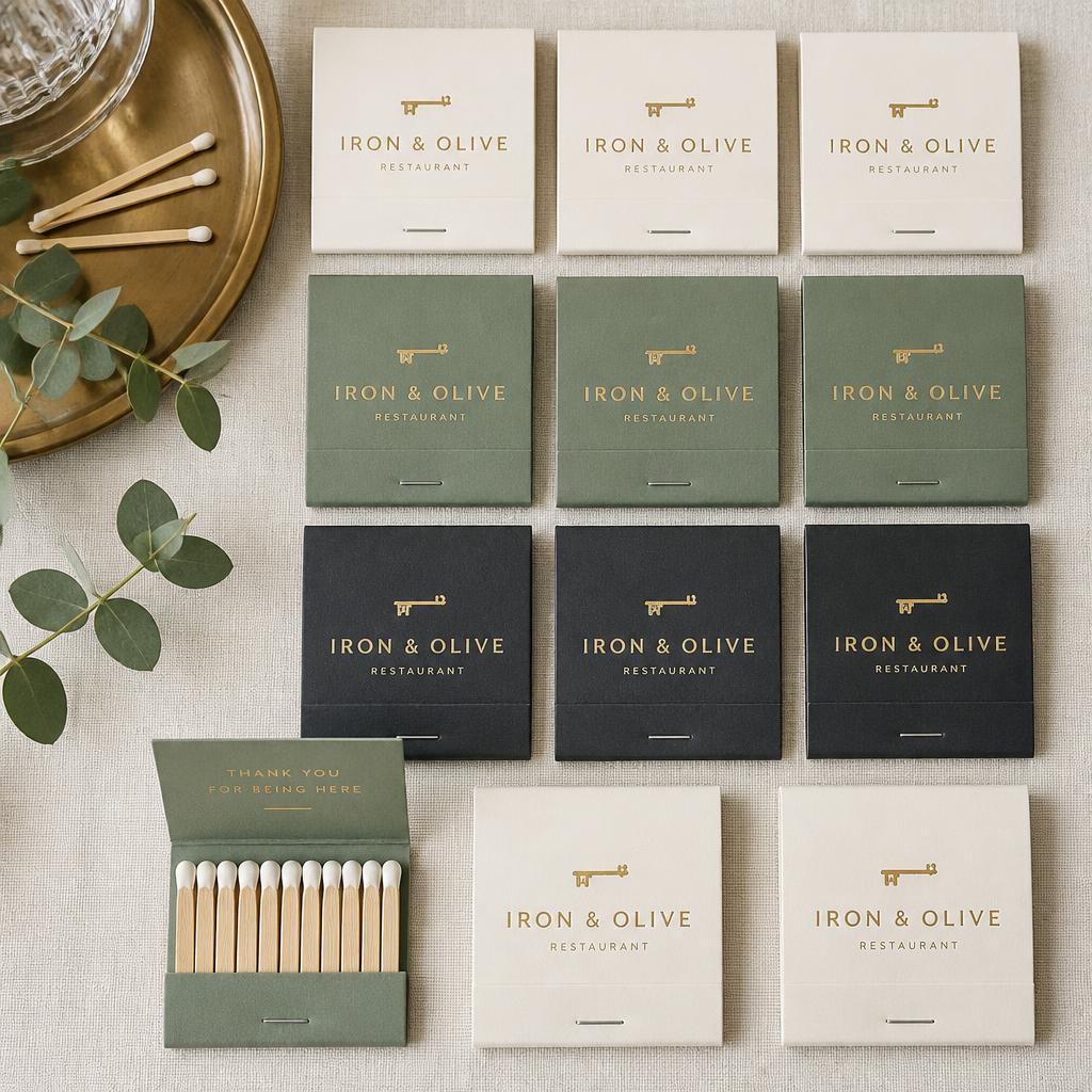 Rows of branded restaurant matchbooks in cream, sage and charcoal with gold logo marks laid out on linen