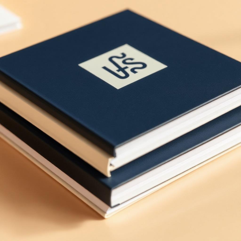 Stack of custom notebooks in navy and cream with a full-color logo printed across the top cover