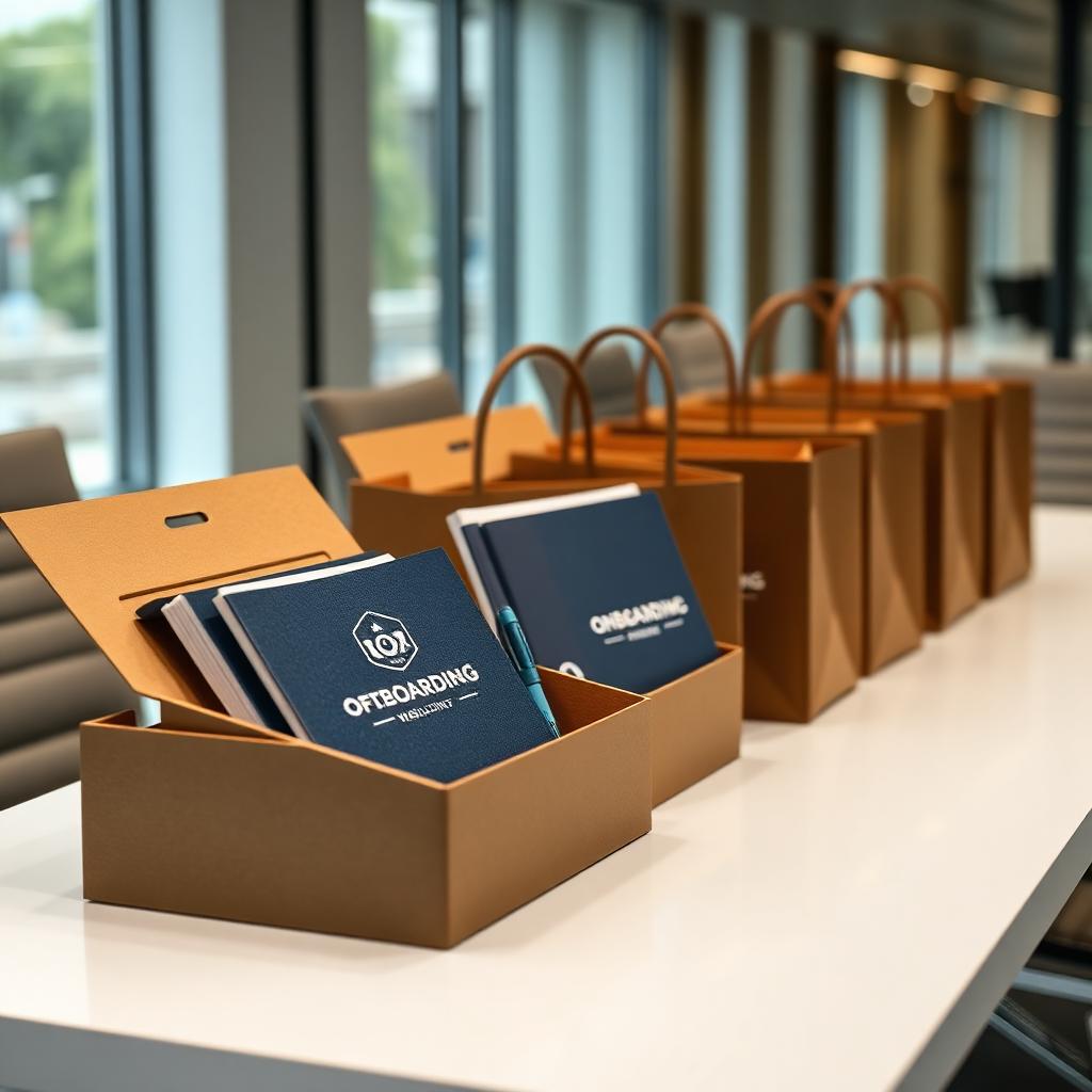 Corporate onboarding kits lined up on an office table, each holding a branded notebook and pen