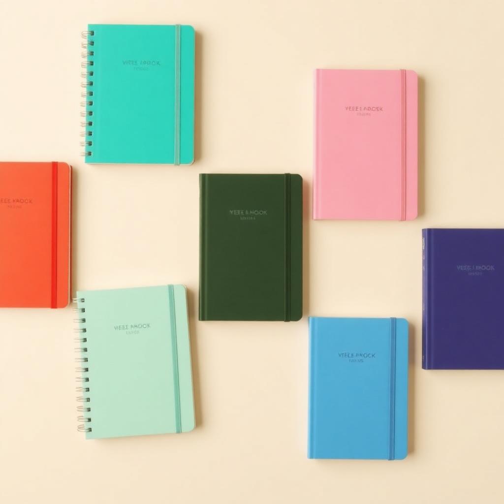 Six custom notebooks in different cover colors and bindings arranged in a grid on a cream surface