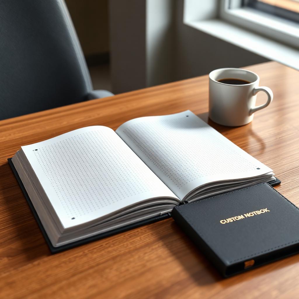 Custom notebook open on a wooden table showing lined pages beside a pen and coffee mug