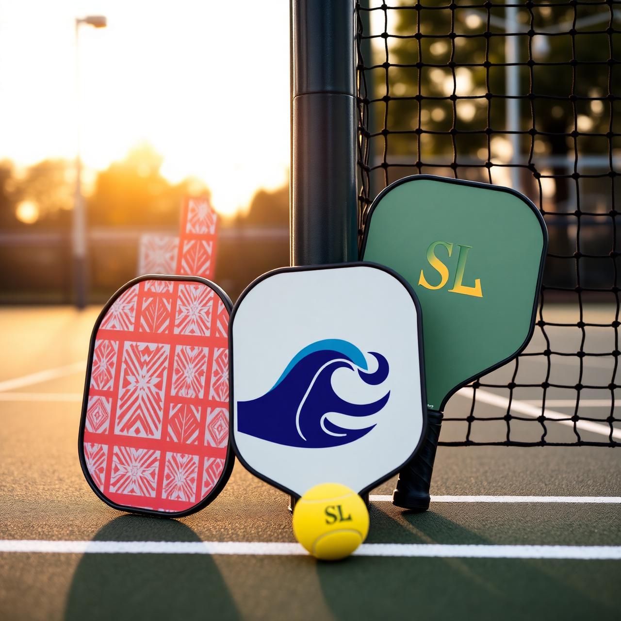 Custom printed pickleball paddles with colorful full-face artwork leaning on a court net post