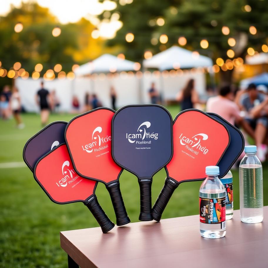 Branded pickleball paddles with a company logo printed on each face, displayed on a table at an outdoor corporate event