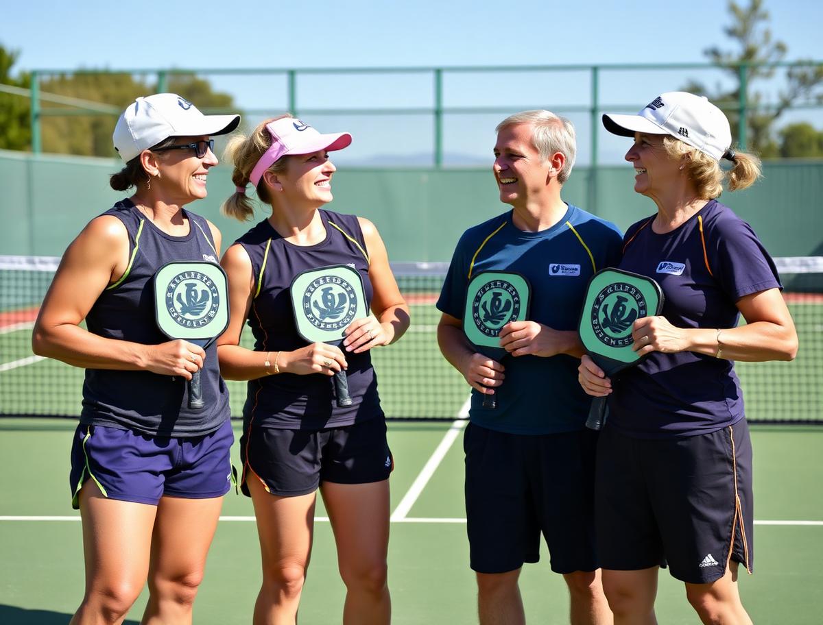 Pickleball club members in matching outfits holding custom printed paddles with the same club logo on an outdoor court