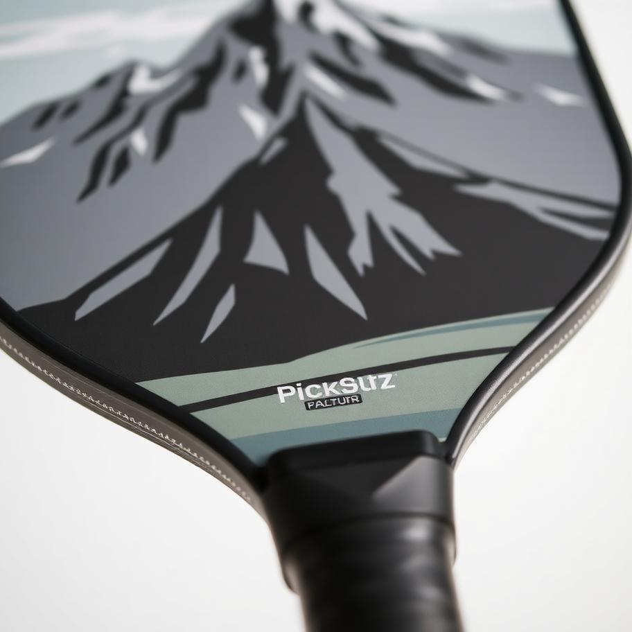 Close-up of a custom printed pickleball paddle face showing a full-color mountain landscape design across the matte surface