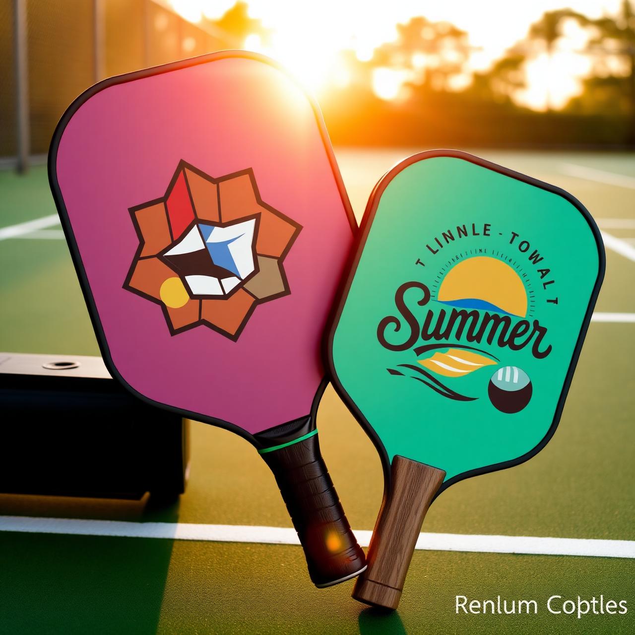 Two custom printed pickleball paddles with full-color logo artwork on their faces, leaning on an outdoor pickleball court at golden hour