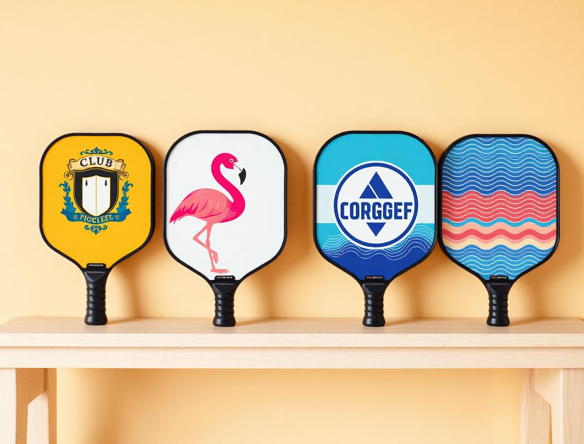 Four custom printed pickleball paddles with different designs — a club crest, a flamingo, a corporate logo and a wave pattern — lined up on a bench