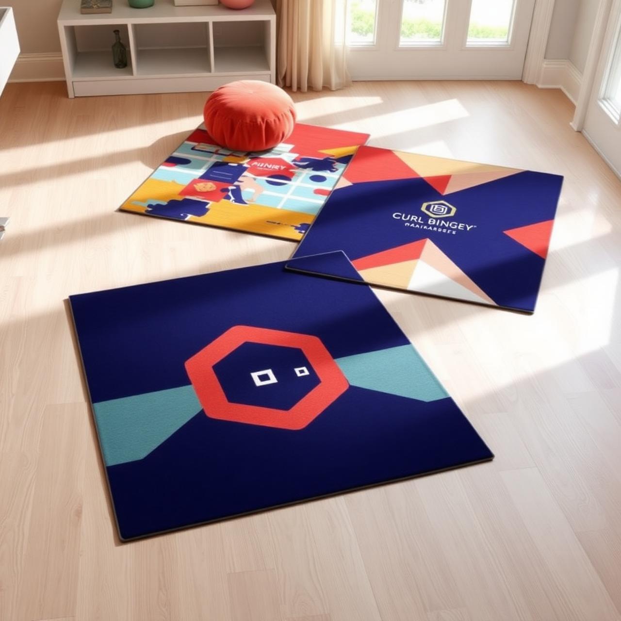 Custom printed area rug with full-bleed brand artwork on a modern floor