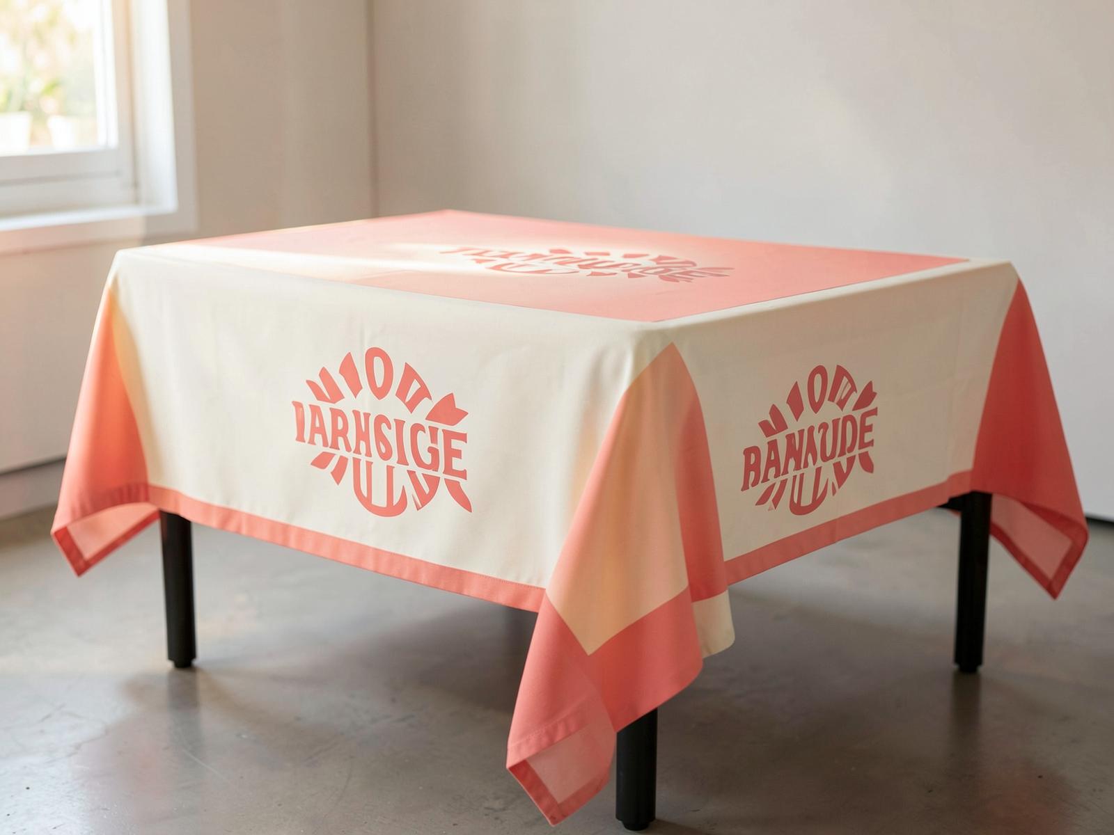 Custom printed table cloth in cream and coral covering a 6-foot event table with a full-color logo